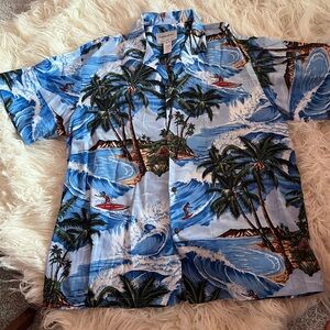 Halekulani Men’s Hawaiian Aloha Shirt XL Blue Surf Palm Print